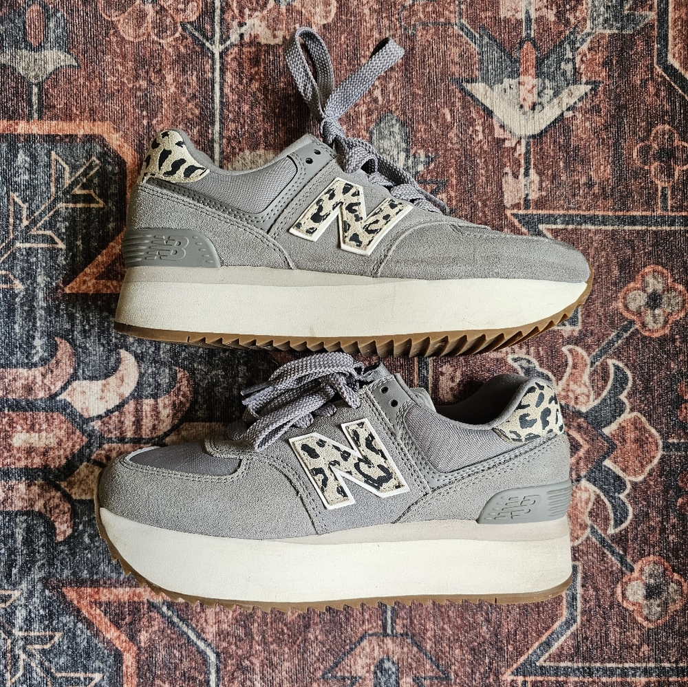 New Balance 574 Gray and Leopard Platform Sneakers